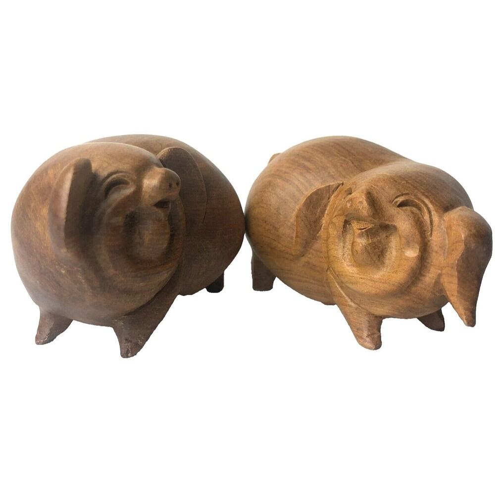 Chinese Hand Carved Fruitwood Smiling Happy Pigs Lucky Figurines Pair Statue Art